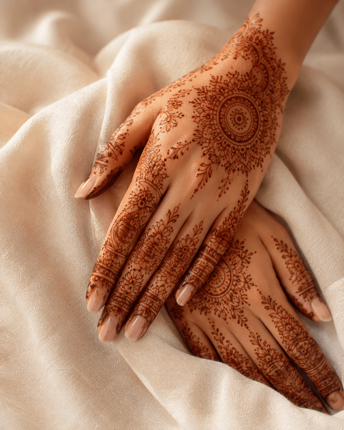 Intricate reddish-brown henna mehndi adorning a woman's hand resting on soft cream fabric